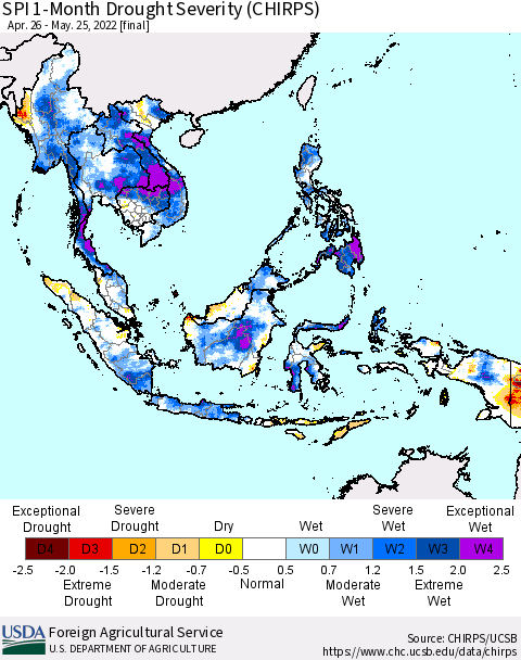 South East Asia SPI 1-Month Drought Severity (CHIRPS) Thematic Map For 4/26/2022 - 5/25/2022