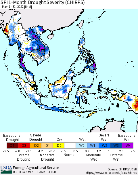 South East Asia SPI 1-Month Drought Severity (CHIRPS) Thematic Map For 5/1/2022 - 5/31/2022