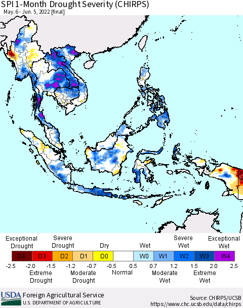 South East Asia SPI 1-Month Drought Severity (CHIRPS) Thematic Map For 5/6/2022 - 6/5/2022