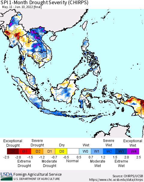 South East Asia SPI 1-Month Drought Severity (CHIRPS) Thematic Map For 5/11/2022 - 6/10/2022