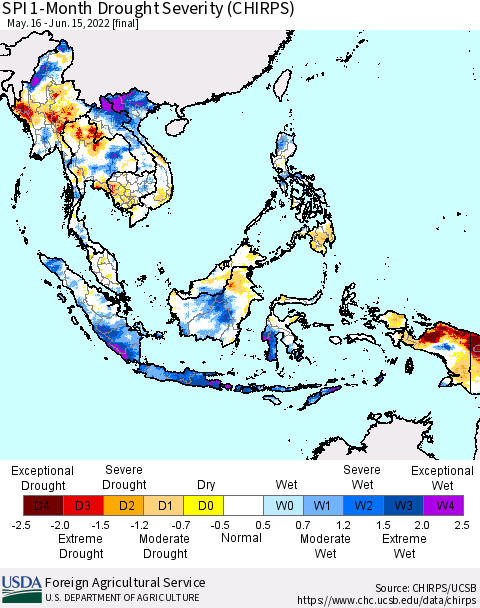 South East Asia SPI 1-Month Drought Severity (CHIRPS) Thematic Map For 5/16/2022 - 6/15/2022