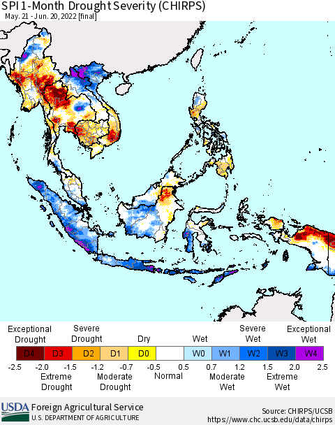 South East Asia SPI 1-Month Drought Severity (CHIRPS) Thematic Map For 5/21/2022 - 6/20/2022
