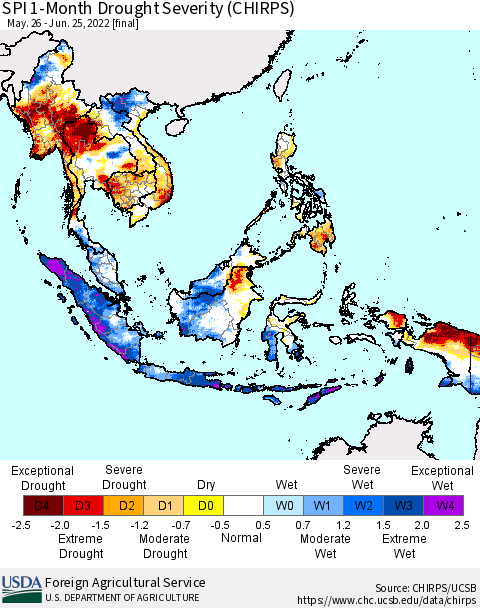 South East Asia SPI 1-Month Drought Severity (CHIRPS) Thematic Map For 5/26/2022 - 6/25/2022