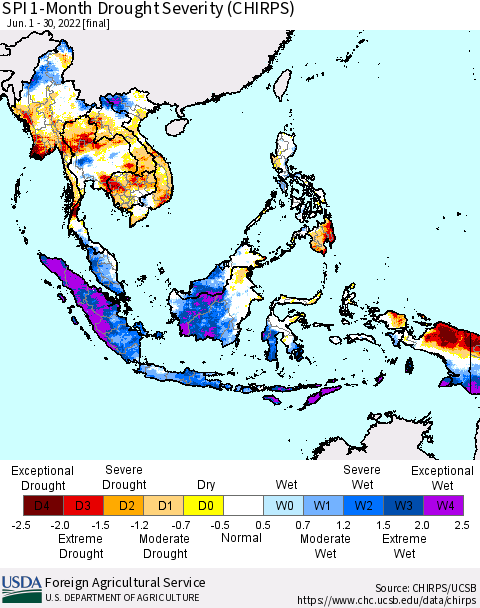 South East Asia SPI 1-Month Drought Severity (CHIRPS) Thematic Map For 6/1/2022 - 6/30/2022