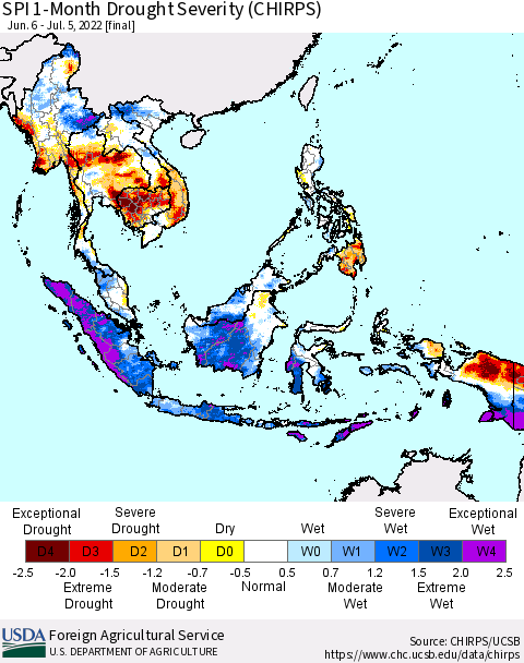 South East Asia SPI 1-Month Drought Severity (CHIRPS) Thematic Map For 6/6/2022 - 7/5/2022
