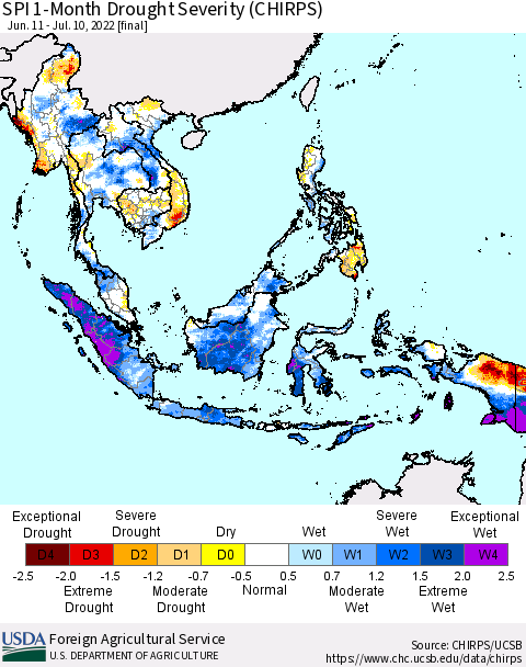 South East Asia SPI 1-Month Drought Severity (CHIRPS) Thematic Map For 6/11/2022 - 7/10/2022