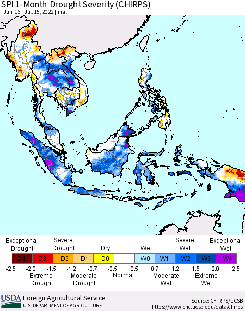 South East Asia SPI 1-Month Drought Severity (CHIRPS) Thematic Map For 6/16/2022 - 7/15/2022