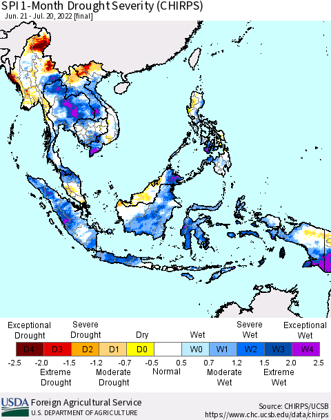 South East Asia SPI 1-Month Drought Severity (CHIRPS) Thematic Map For 6/21/2022 - 7/20/2022