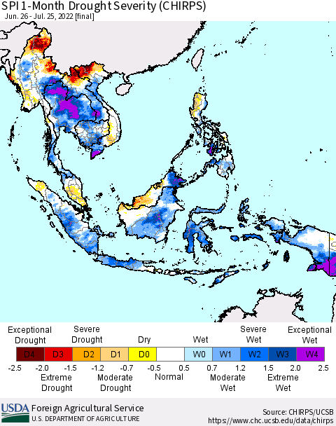 South East Asia SPI 1-Month Drought Severity (CHIRPS) Thematic Map For 6/26/2022 - 7/25/2022
