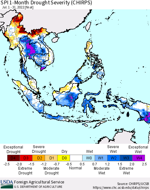 South East Asia SPI 1-Month Drought Severity (CHIRPS) Thematic Map For 7/1/2022 - 7/31/2022