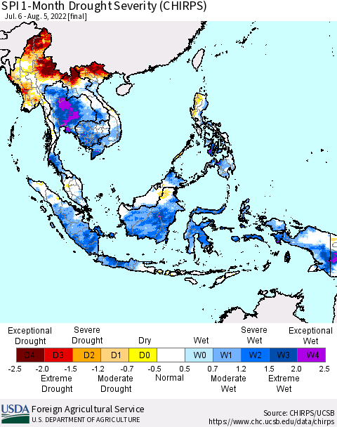 South East Asia SPI 1-Month Drought Severity (CHIRPS) Thematic Map For 7/6/2022 - 8/5/2022