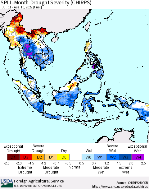 South East Asia SPI 1-Month Drought Severity (CHIRPS) Thematic Map For 7/11/2022 - 8/10/2022