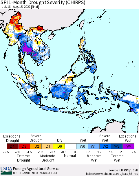 South East Asia SPI 1-Month Drought Severity (CHIRPS) Thematic Map For 7/16/2022 - 8/15/2022