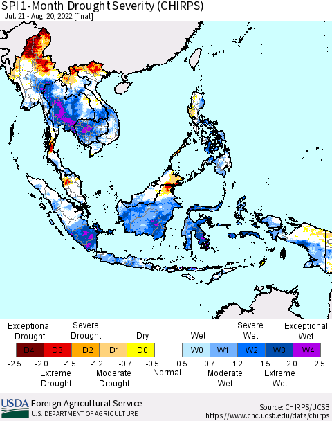 South East Asia SPI 1-Month Drought Severity (CHIRPS) Thematic Map For 7/21/2022 - 8/20/2022