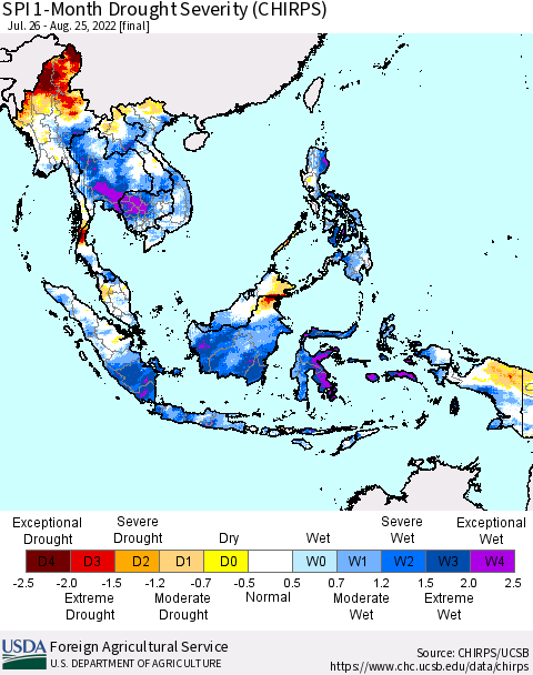 South East Asia SPI 1-Month Drought Severity (CHIRPS) Thematic Map For 7/26/2022 - 8/25/2022