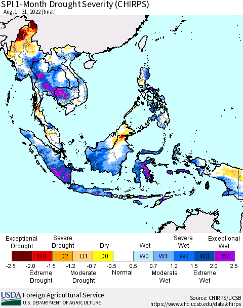 South East Asia SPI 1-Month Drought Severity (CHIRPS) Thematic Map For 8/1/2022 - 8/31/2022