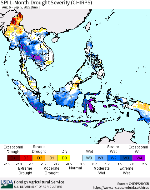 South East Asia SPI 1-Month Drought Severity (CHIRPS) Thematic Map For 8/6/2022 - 9/5/2022