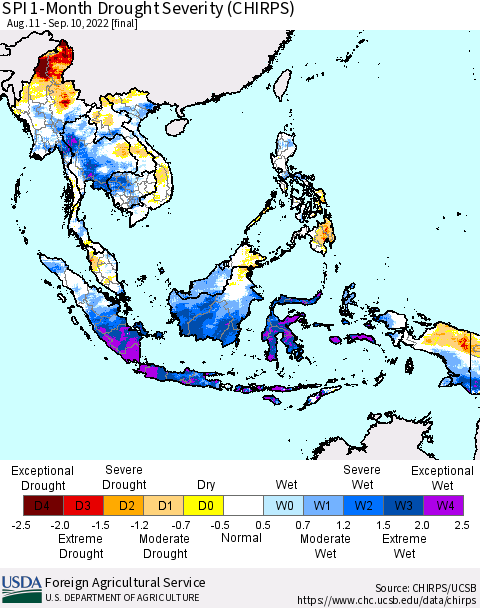 South East Asia SPI 1-Month Drought Severity (CHIRPS) Thematic Map For 8/11/2022 - 9/10/2022