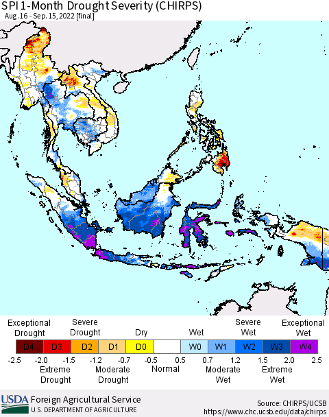 South East Asia SPI 1-Month Drought Severity (CHIRPS) Thematic Map For 8/16/2022 - 9/15/2022