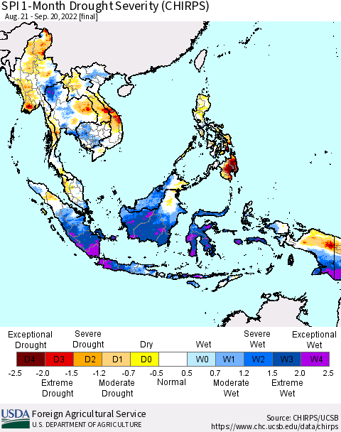 South East Asia SPI 1-Month Drought Severity (CHIRPS) Thematic Map For 8/21/2022 - 9/20/2022