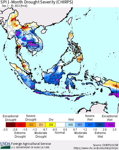South East Asia SPI 1-Month Drought Severity (CHIRPS) Thematic Map For 9/1/2022 - 9/30/2022