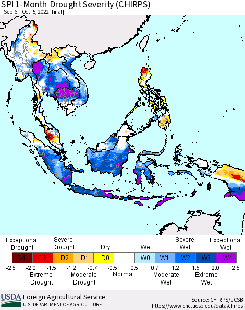 South East Asia SPI 1-Month Drought Severity (CHIRPS) Thematic Map For 9/6/2022 - 10/5/2022