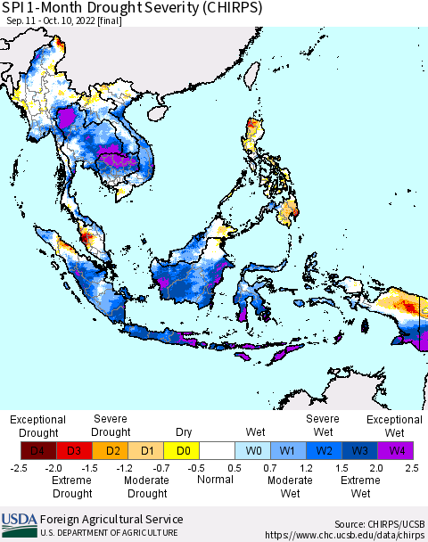 South East Asia SPI 1-Month Drought Severity (CHIRPS) Thematic Map For 9/11/2022 - 10/10/2022