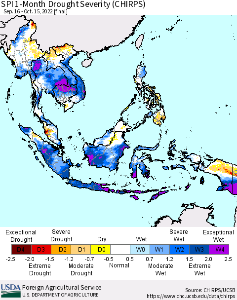 South East Asia SPI 1-Month Drought Severity (CHIRPS) Thematic Map For 9/16/2022 - 10/15/2022