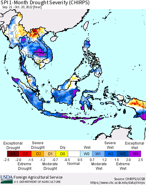 South East Asia SPI 1-Month Drought Severity (CHIRPS) Thematic Map For 9/21/2022 - 10/20/2022