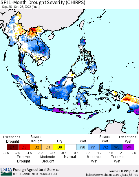 South East Asia SPI 1-Month Drought Severity (CHIRPS) Thematic Map For 9/26/2022 - 10/25/2022