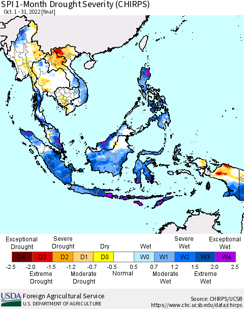 South East Asia SPI 1-Month Drought Severity (CHIRPS) Thematic Map For 10/1/2022 - 10/31/2022