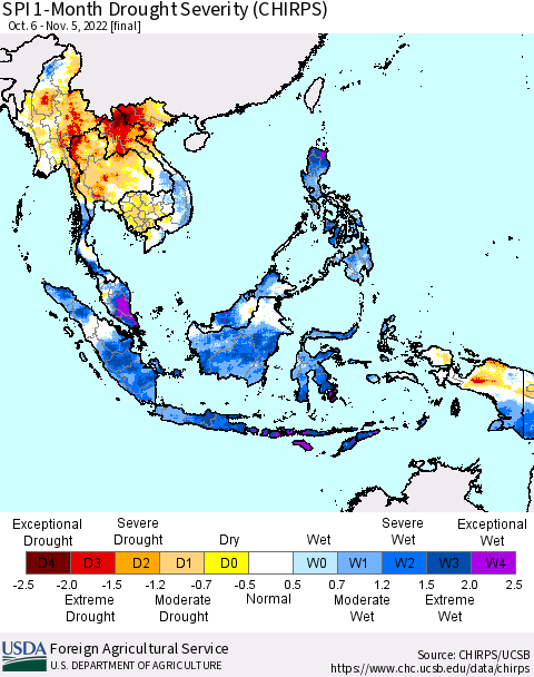 South East Asia SPI 1-Month Drought Severity (CHIRPS) Thematic Map For 10/6/2022 - 11/5/2022