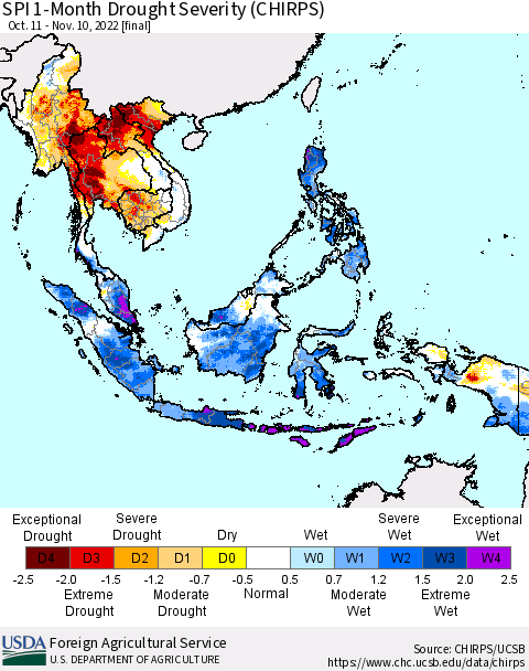 South East Asia SPI 1-Month Drought Severity (CHIRPS) Thematic Map For 10/11/2022 - 11/10/2022