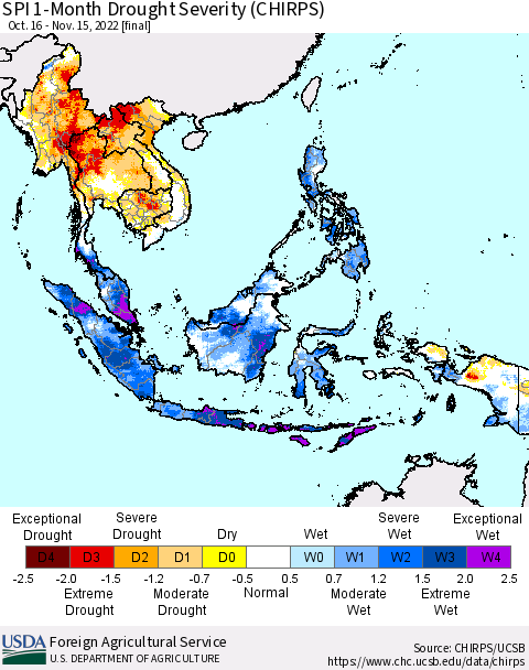 South East Asia SPI 1-Month Drought Severity (CHIRPS) Thematic Map For 10/16/2022 - 11/15/2022