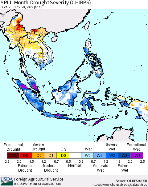 South East Asia SPI 1-Month Drought Severity (CHIRPS) Thematic Map For 10/21/2022 - 11/20/2022