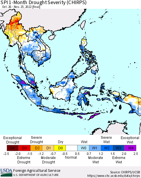 South East Asia SPI 1-Month Drought Severity (CHIRPS) Thematic Map For 10/26/2022 - 11/25/2022