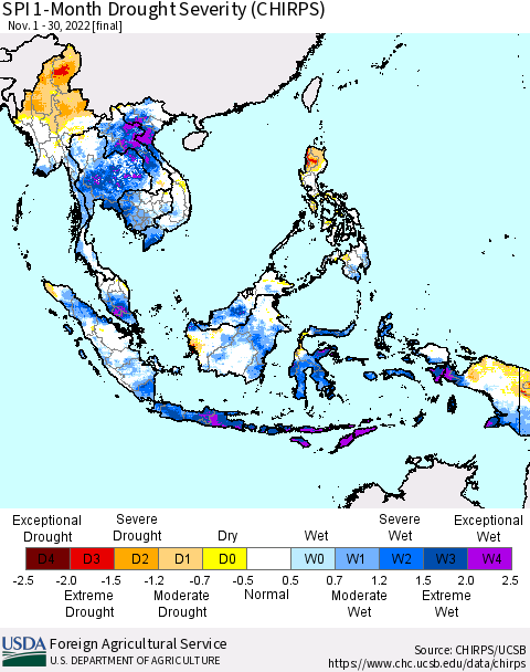 South East Asia SPI 1-Month Drought Severity (CHIRPS) Thematic Map For 11/1/2022 - 11/30/2022