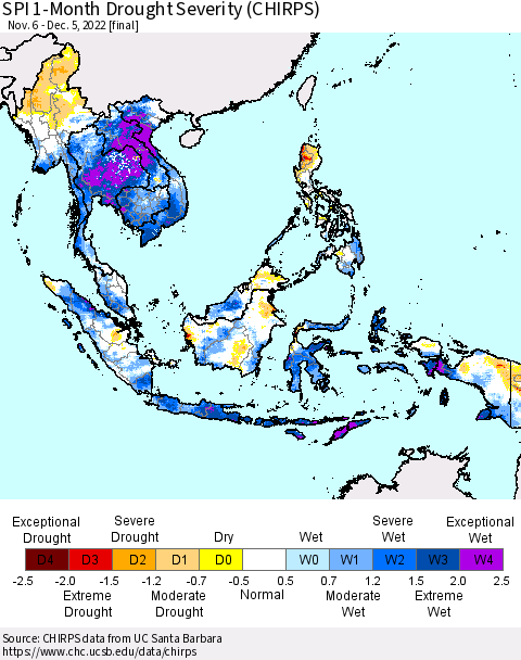 South East Asia SPI 1-Month Drought Severity (CHIRPS) Thematic Map For 11/6/2022 - 12/5/2022