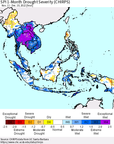 South East Asia SPI 1-Month Drought Severity (CHIRPS) Thematic Map For 11/11/2022 - 12/10/2022
