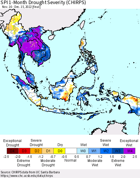 South East Asia SPI 1-Month Drought Severity (CHIRPS) Thematic Map For 11/16/2022 - 12/15/2022