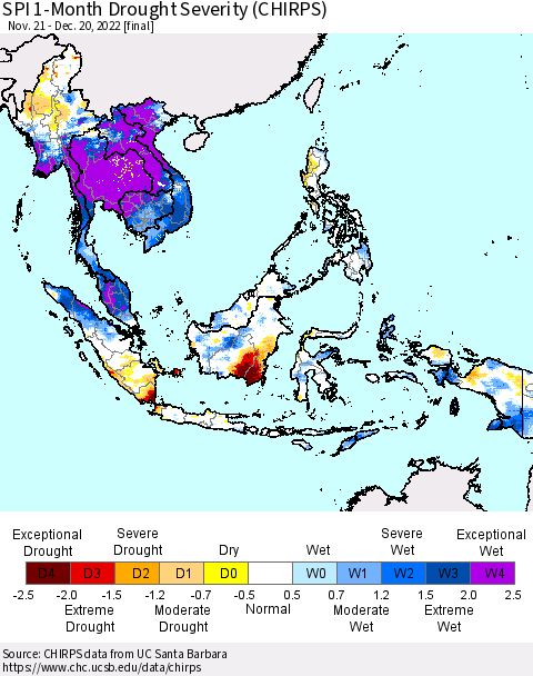 South East Asia SPI 1-Month Drought Severity (CHIRPS) Thematic Map For 11/21/2022 - 12/20/2022