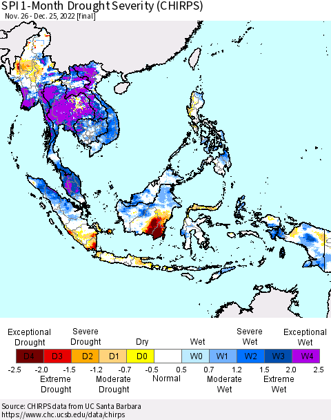 South East Asia SPI 1-Month Drought Severity (CHIRPS) Thematic Map For 11/26/2022 - 12/25/2022