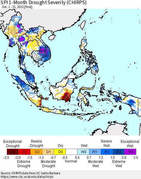 South East Asia SPI 1-Month Drought Severity (CHIRPS) Thematic Map For 12/1/2022 - 12/31/2022