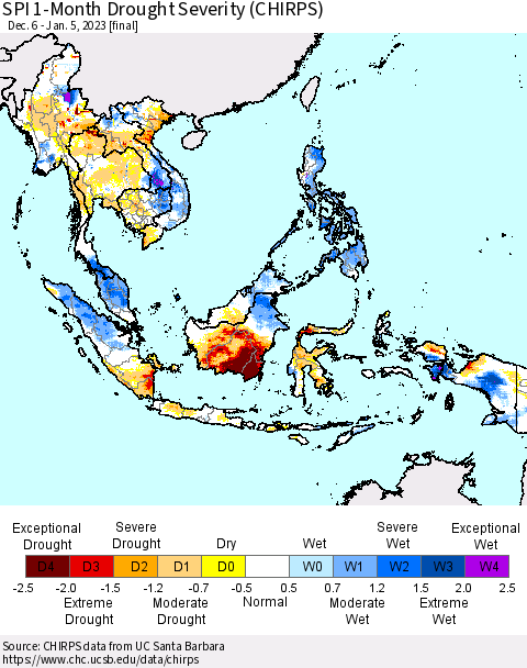 South East Asia SPI 1-Month Drought Severity (CHIRPS) Thematic Map For 12/6/2022 - 1/5/2023