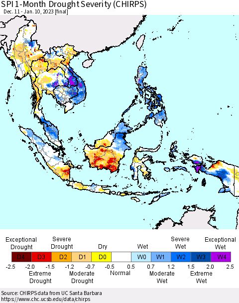 South East Asia SPI 1-Month Drought Severity (CHIRPS) Thematic Map For 12/11/2022 - 1/10/2023