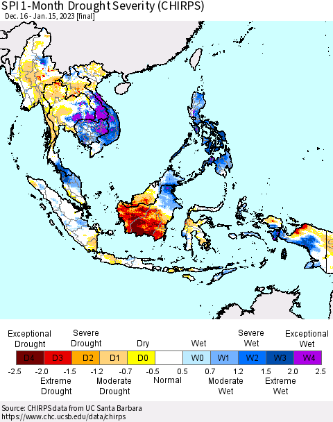 South East Asia SPI 1-Month Drought Severity (CHIRPS) Thematic Map For 12/16/2022 - 1/15/2023