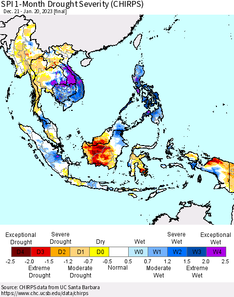 South East Asia SPI 1-Month Drought Severity (CHIRPS) Thematic Map For 12/21/2022 - 1/20/2023