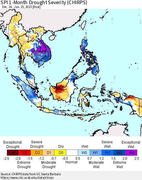 South East Asia SPI 1-Month Drought Severity (CHIRPS) Thematic Map For 12/26/2022 - 1/25/2023