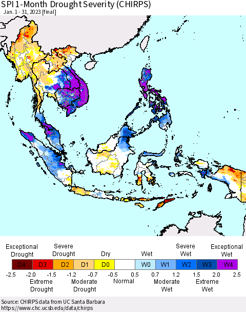 South East Asia SPI 1-Month Drought Severity (CHIRPS) Thematic Map For 1/1/2023 - 1/31/2023
