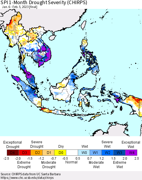 South East Asia SPI 1-Month Drought Severity (CHIRPS) Thematic Map For 1/6/2023 - 2/5/2023